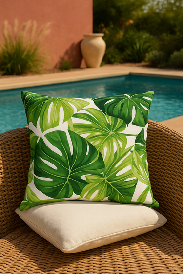 Green leaf-patterned pillow on a wicker chair by a poolside.